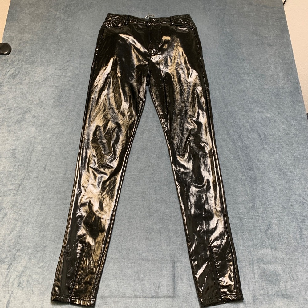 Nasty Gal Distressed Vinyl Pants Womens 29 Black Logo Street Wear Skinny Leg